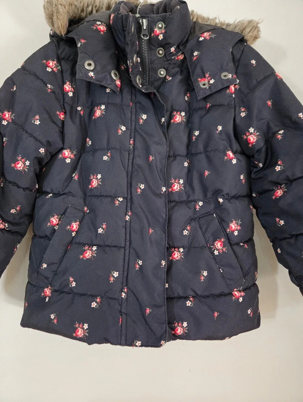 Gap Kids Girls Navy Floral Puffer Coat with Faux Fur Hood Small